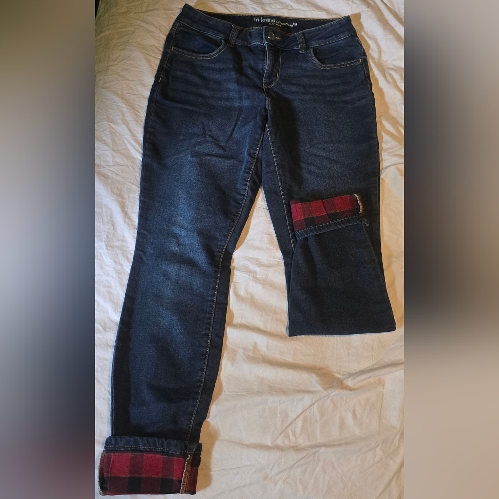 Women's Blue Jeans with Red Plaid Cuffs